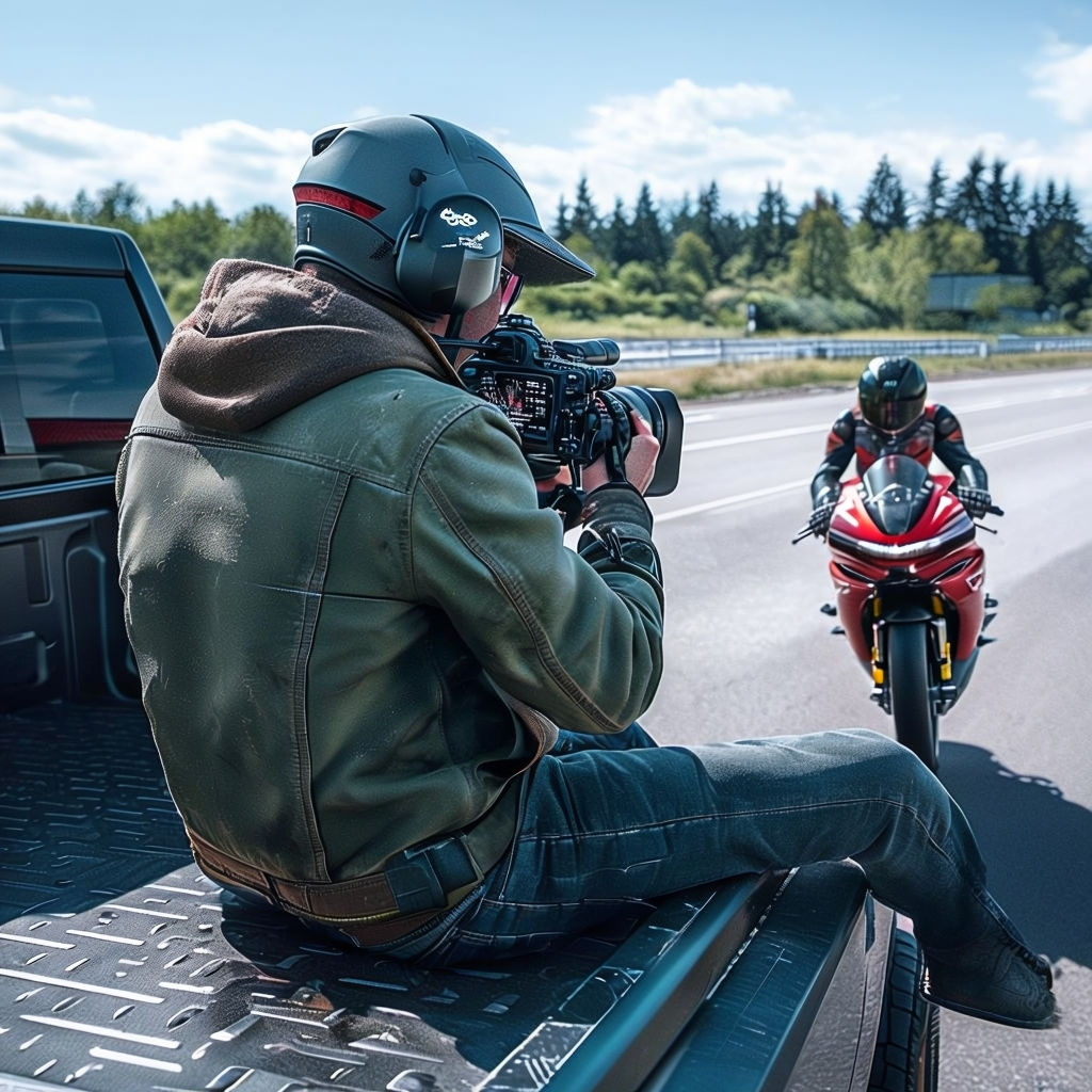 ein-kamermann-setzt-auf-der-ladeflche-eines-pickup-er-filmt-eine-motorradfahrerin-die-hinter-ihm-f
